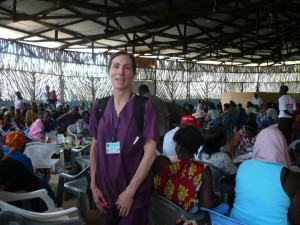 Francine, Medical Team member from US looking a bit overwhelmed with the hundreds waiting for help